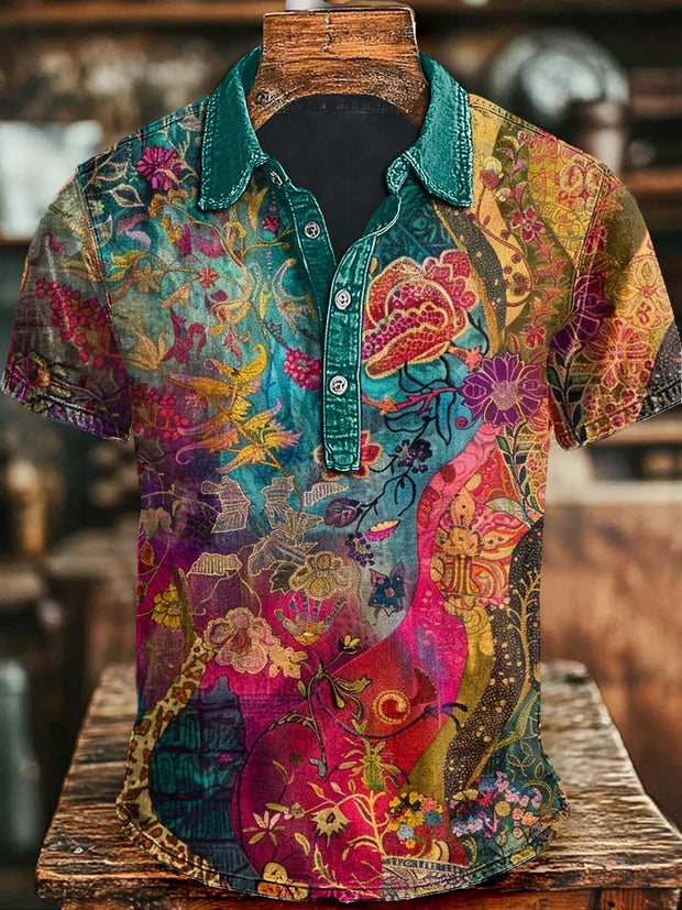Vintage Colorful Floral Print Casual Short Sleeve Polo Shirt