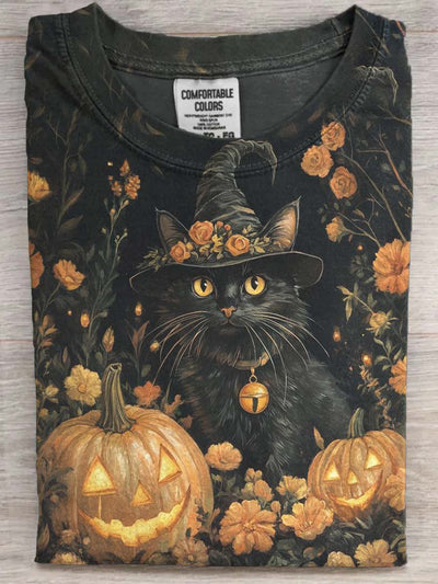Halloween Black Cat Print Casual Short Sleeve T-Shirt