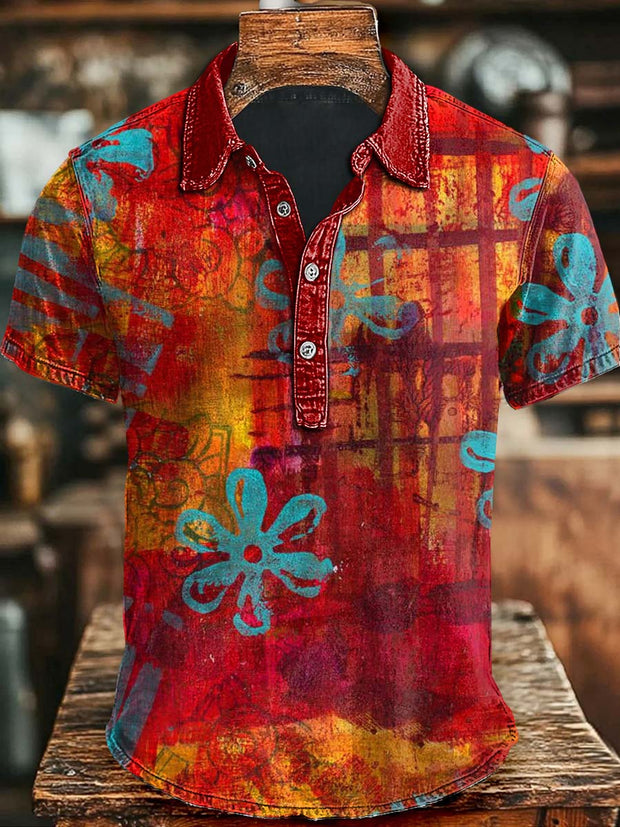 Art Colorful Abstract Floral Print Casual Short Sleeve Polo Shirt