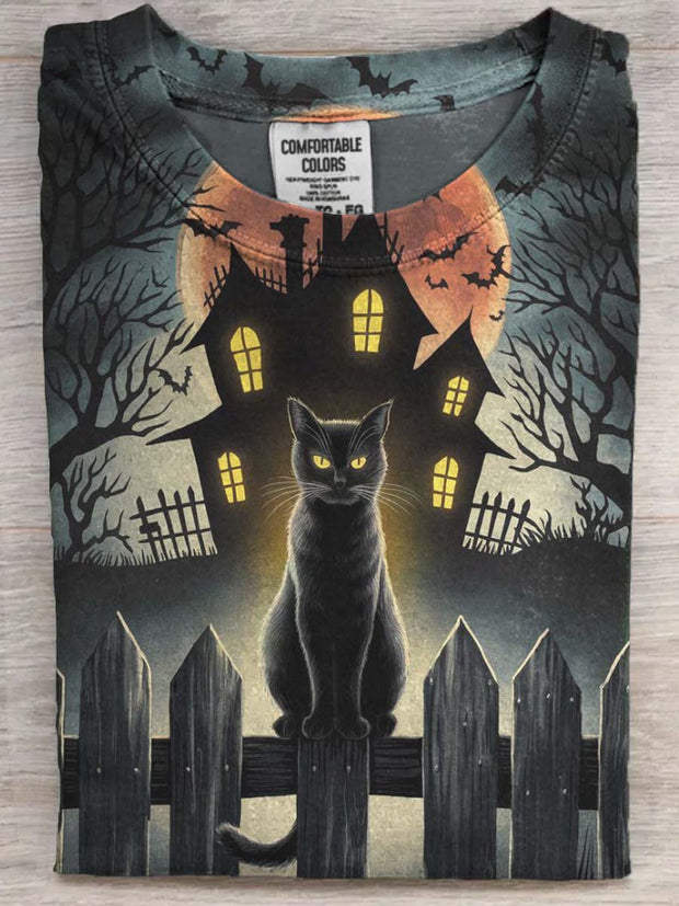 Halloween Haunted House Black Cat Print Casual Short Sleeve T-Shirt