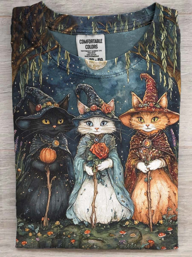 Halloween Witch Cat Print Casual Short Sleeve T-Shirt