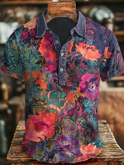 Vintage Colorful Floral Print Casual Short Sleeve Polo Shirt