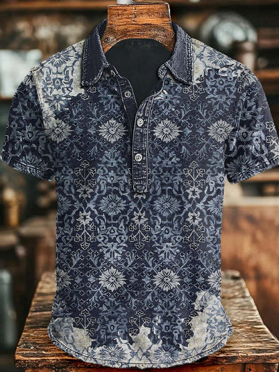 Vintage Floral Print Casual Short Sleeve Polo Shirt