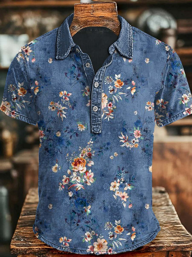 Vintage Floral Print Casual Short Sleeve Polo Shirt