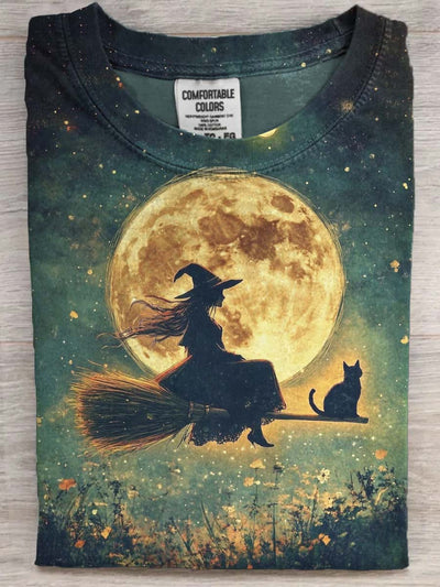 Halloween Witch Cat Print Casual Short Sleeve T-Shirt