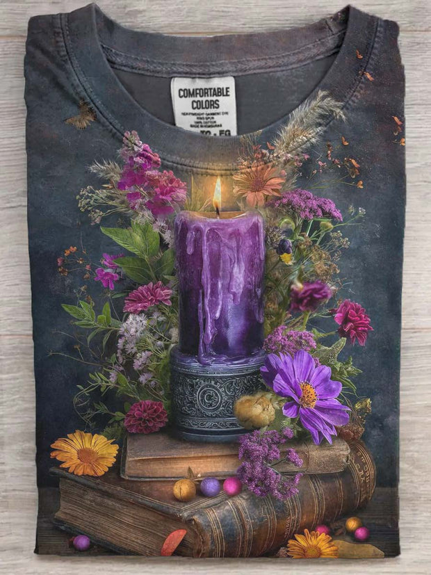 Halloween Book Candle Print Casual Short Sleeve T-Shirt