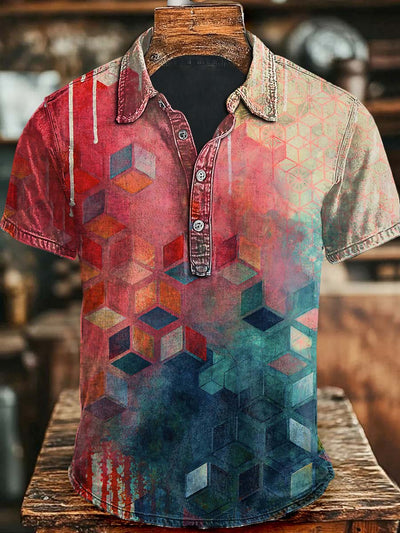 Art Colorful Clash Plaid Print Casual Short Sleeve Polo Shirt