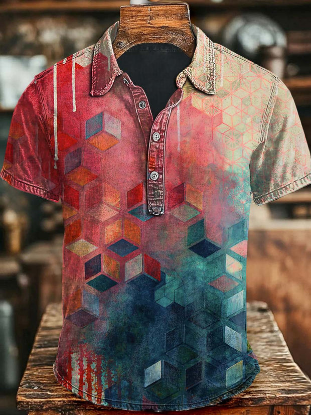 Art Colorful Clash Plaid Print Casual Short Sleeve Polo Shirt
