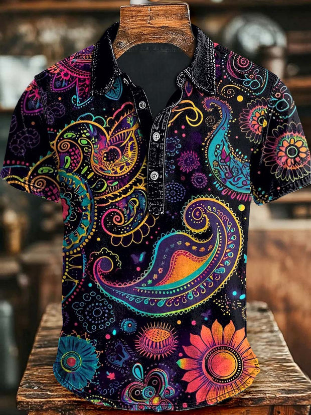 Vintage Cashew Flower Print Casual Short Sleeve Polo Shirt