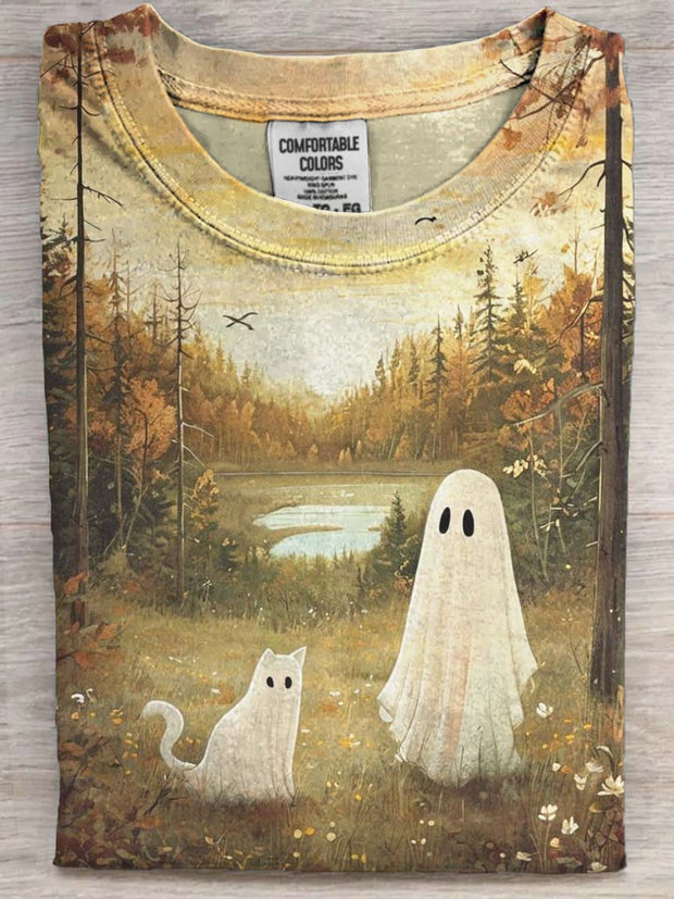 Halloween Spooky Cat Print Casual Short Sleeve T-Shirt