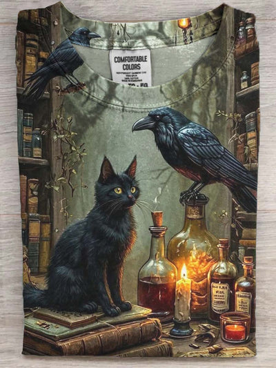 Halloween Black Cat Raven Print Casual Short Sleeve T-Shirt