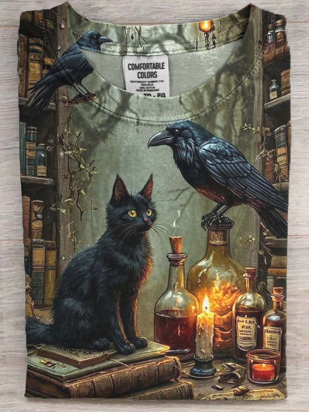 Halloween Black Cat Raven Print Casual Short Sleeve T-Shirt