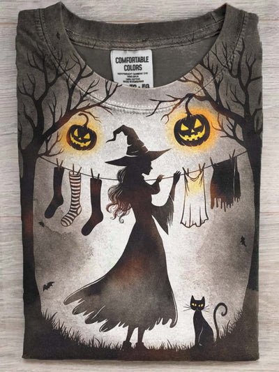 Halloween Witch Black Cat Print Casual Short Sleeve T-Shirt