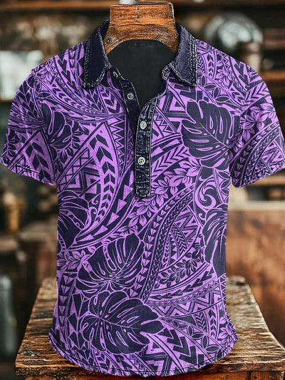 Black Hawaiian Floral Print Casual Short Sleeve Polo Shirt