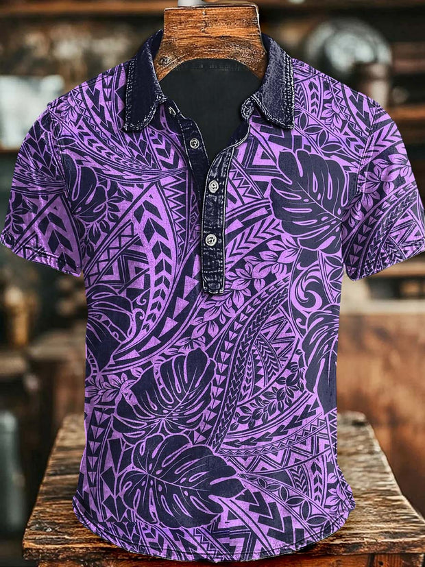 Black Hawaiian Floral Print Casual Short Sleeve Polo Shirt