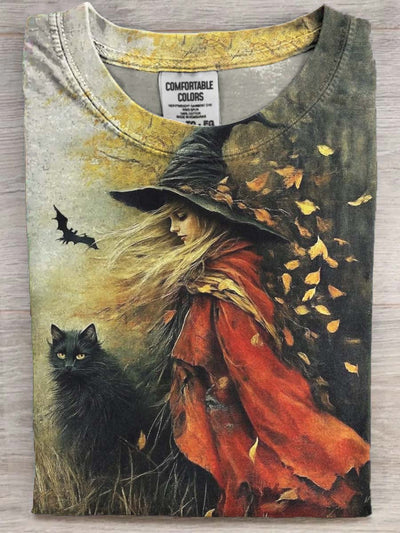 Halloween Black Cat Witch Print Casual Short Sleeve T-Shirt