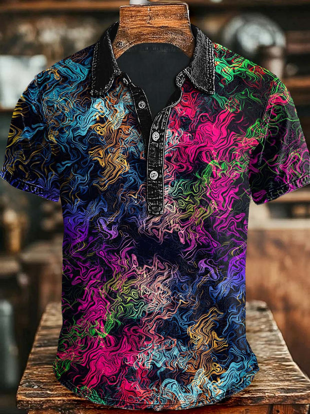 Colorful Abstract Water Wave Print Casual Short Sleeve Polo Shirt