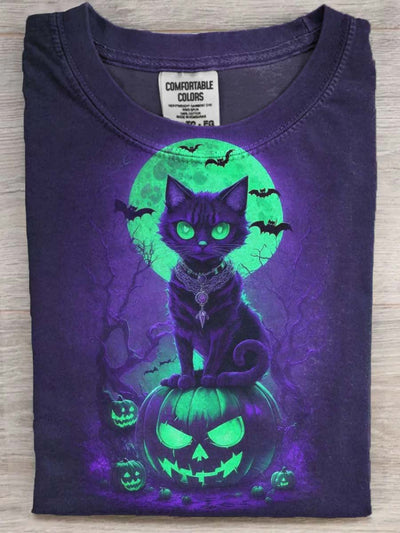 Halloween Evil Black Cat Print Casual Short Sleeve T-Shirt