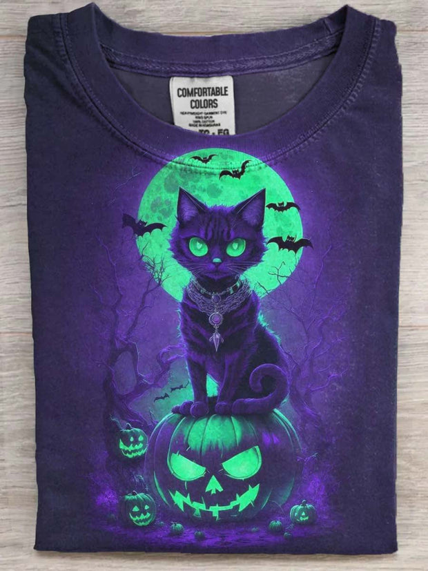 Halloween Evil Black Cat Print Casual Short Sleeve T-Shirt