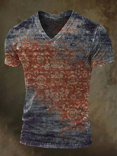 Vintage Aged Floral Color Clash Printed Casual Short Sleeve V-Neck T-Shirt