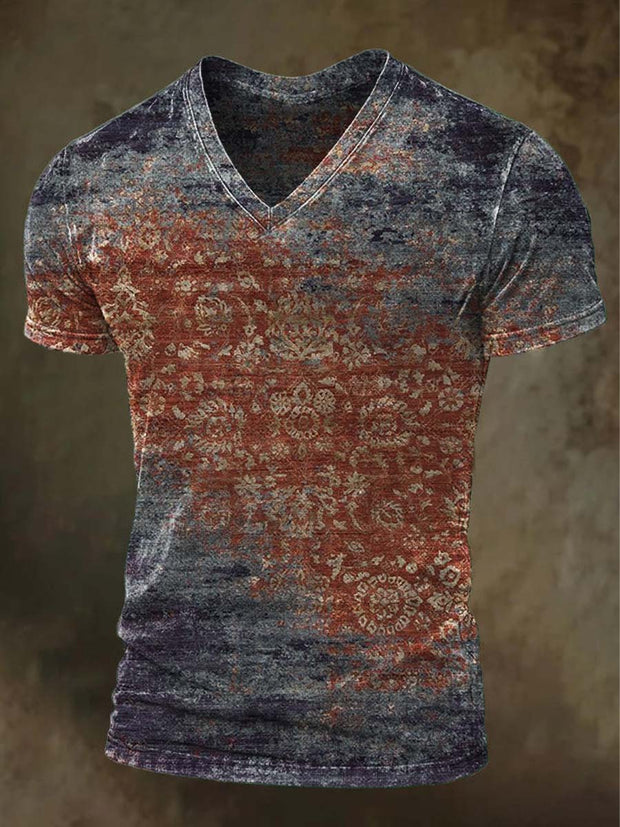Vintage Aged Floral Color Clash Printed Casual Short Sleeve V-Neck T-Shirt