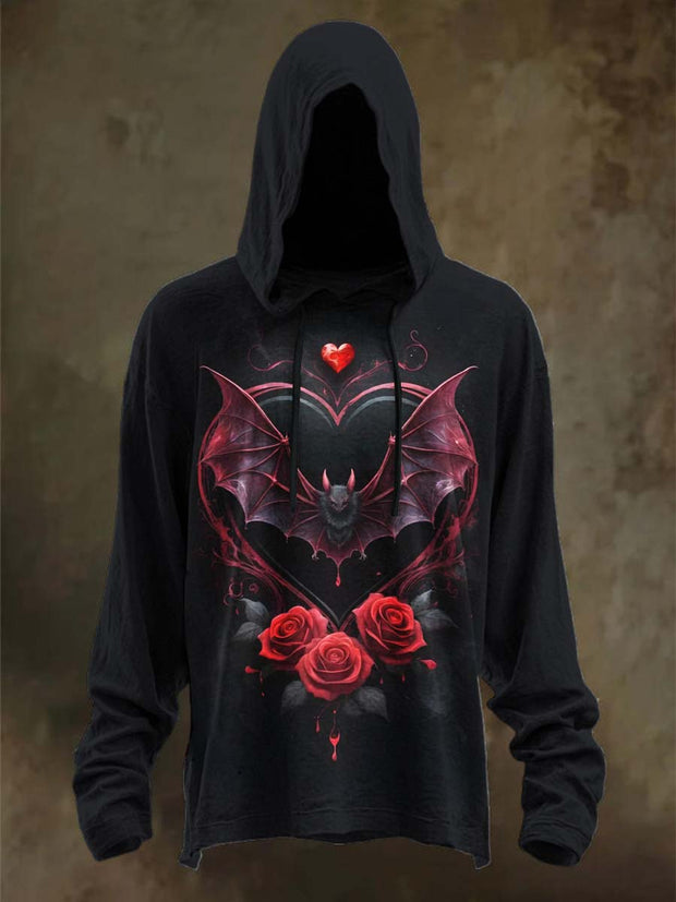 Halloween Bat Rose Print Casual Hooded Sweatshirt