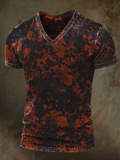 Retro Aged Color-Collision Printed Casual Short Sleeve V-Neck T-Shirt