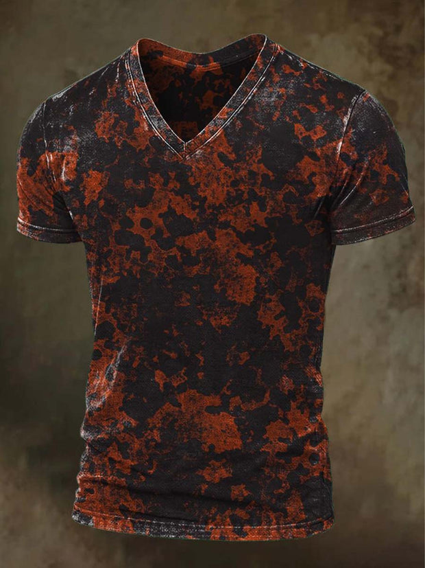 Retro Aged Color-Collision Printed Casual Short Sleeve V-Neck T-Shirt
