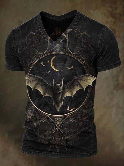 Halloween Dark Bat Print Casual Short Sleeve V-Neck T-Shirt