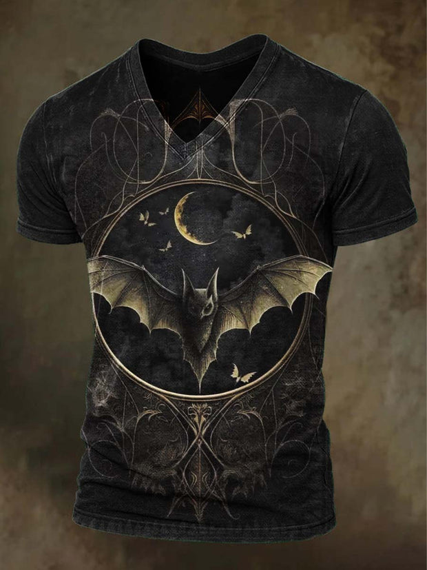 Halloween Dark Bat Print Casual Short Sleeve V-Neck T-Shirt