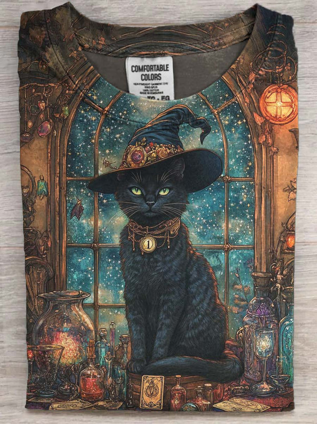 Halloween Black Cat Witch Print Casual Short Sleeve T-Shirt