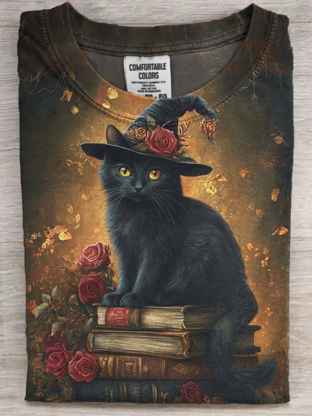Halloween Black Cat Witch Print Casual Short Sleeve T-Shirt