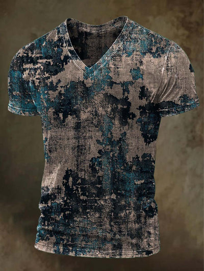 Vintage Aged Abstract Color Clash Printed Casual Short Sleeve V-Neck T-Shirt