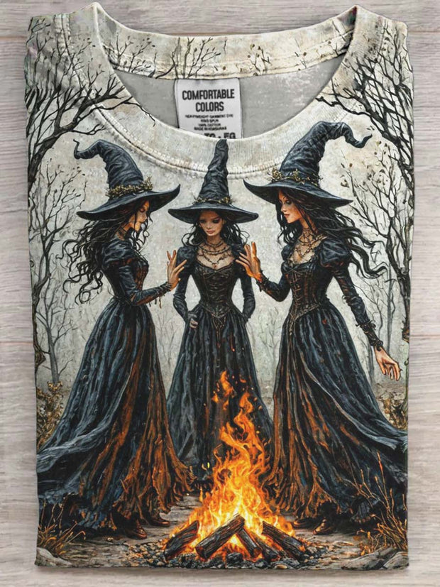 Halloween Witch Bonfire Print Casual Short Sleeve T-Shirt