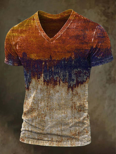 Retro Aged Color-Collision Printed Casual Short Sleeve V-Neck T-Shirt