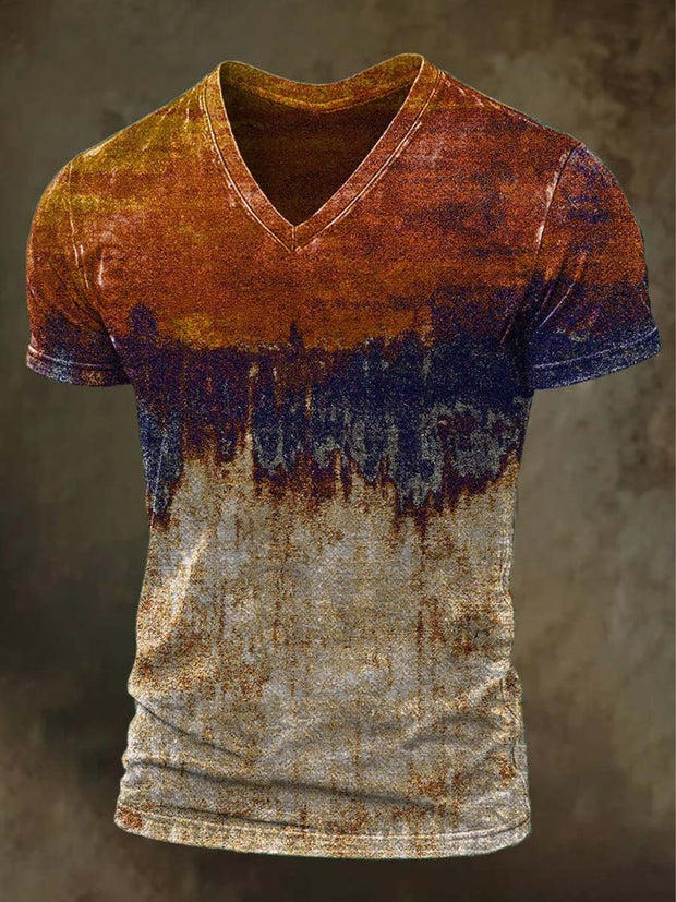 Retro Aged Color-Collision Printed Casual Short Sleeve V-Neck T-Shirt