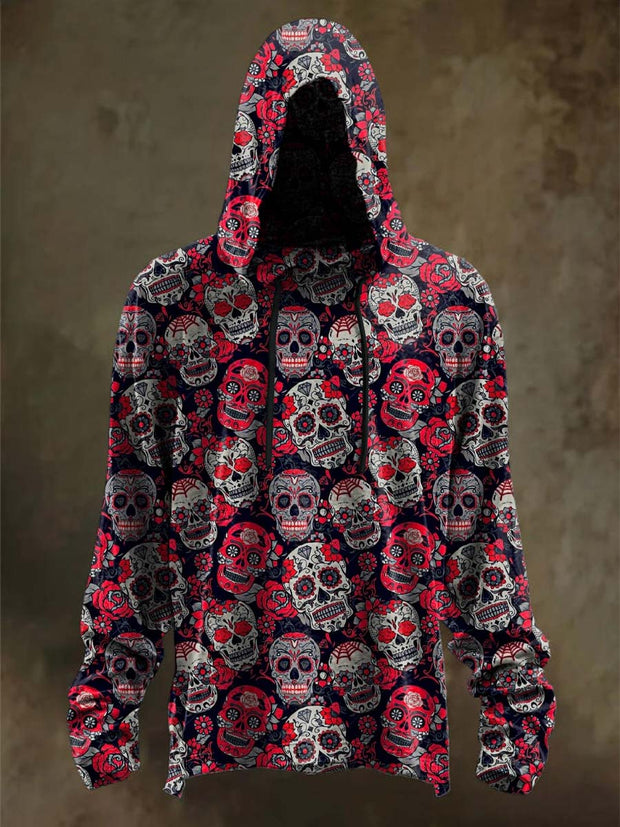 Halloween Abstract Skull Floral Print Casual Hooded Sweatshirt