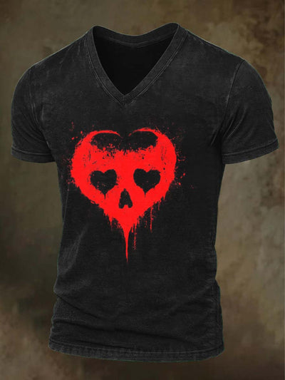 Halloween Skull Love Print Casual Short Sleeve V-Neck T-Shirt
