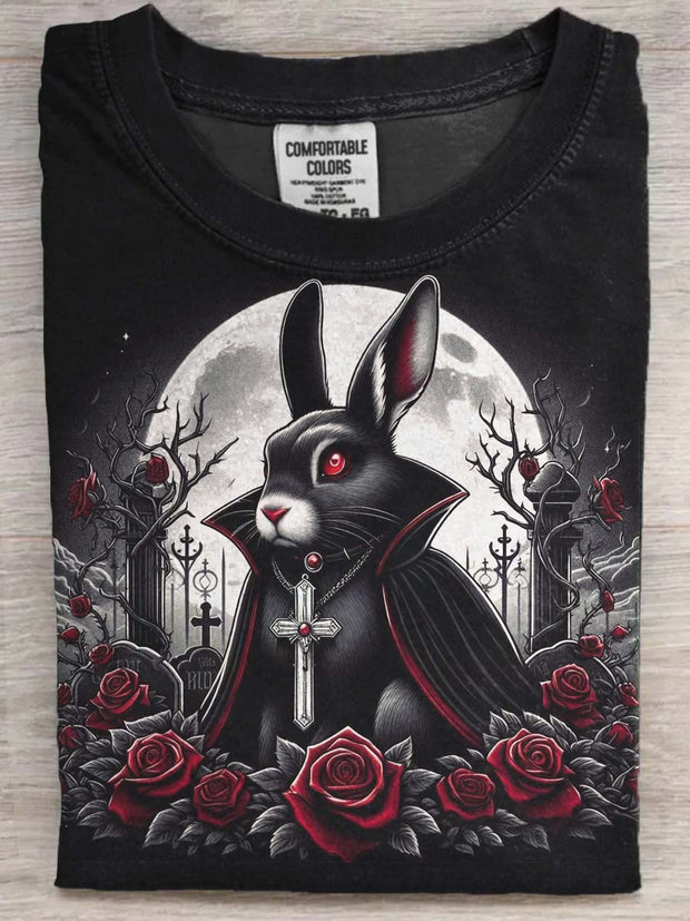 Halloween Vampire Bunny Print Casual Short Sleeve T-Shirt