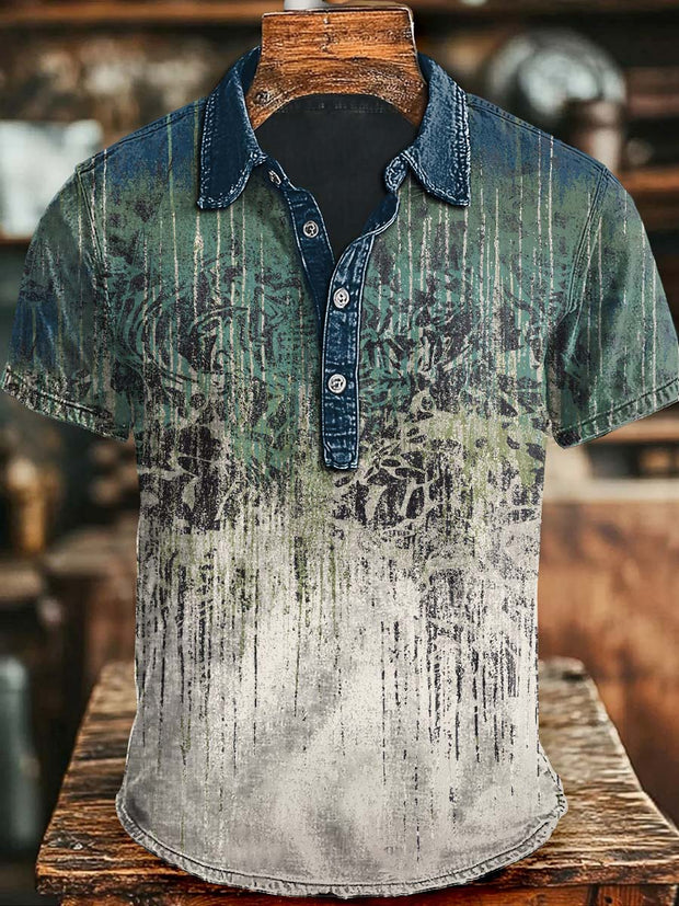 Vintage Gradient Floral Print Casual Short Sleeve Polo Shirt