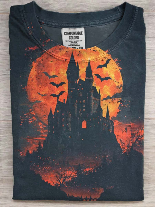 Halloween Haunted Castle Print Casual Short Sleeve T-Shirt