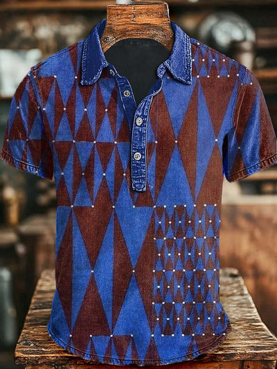 Retro Geometric Print Casual Short Sleeve Polo Shirt