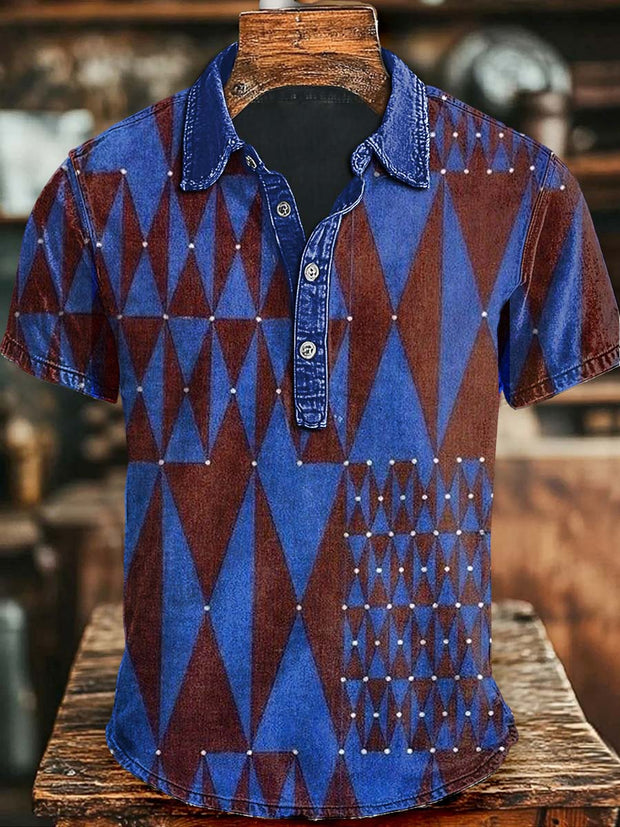 Retro Geometric Print Casual Short Sleeve Polo Shirt