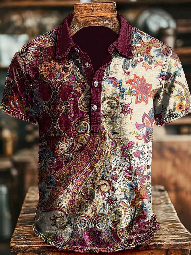 Vintage Paisley Print Casual Short Sleeve Polo Shirt