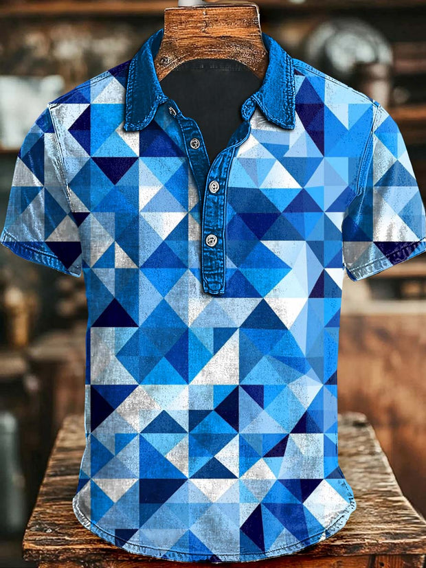 Gradient Irregular Geometric Print Casual Short Sleeve Polo Shirt