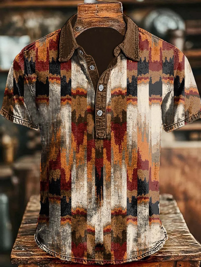 Retro Irregular Geometric Print Casual Short Sleeve Polo Shirt