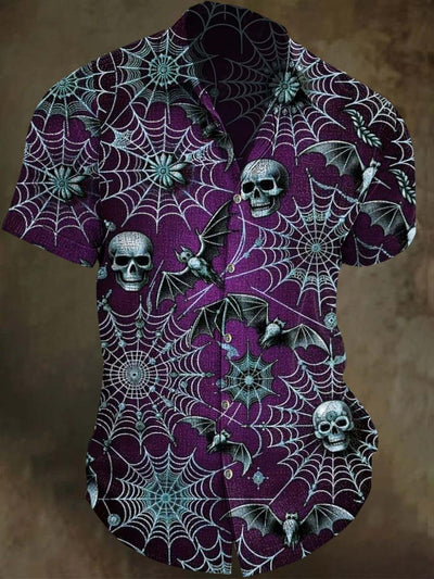 Halloween Spider Skull Print Casual Short Sleeve Shirt