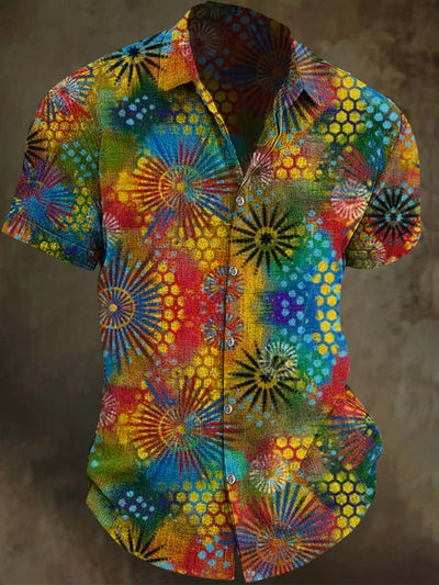 Abstract Color Rendering Floral Print Casual Short Sleeve Shirt