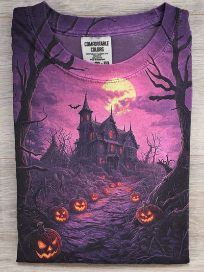Halloween Scary Castle Print Casual Short Sleeve T-Shirt
