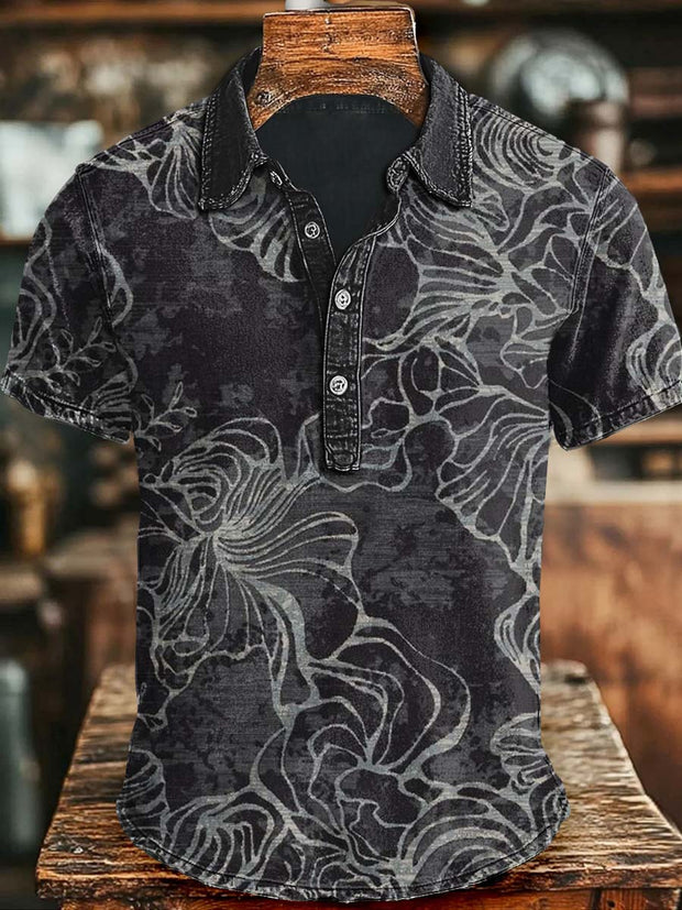 Vintage Floral Print Casual Short Sleeve Polo Shirt